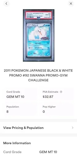 2011 POKEMON JAPANESE B&W SWANNA PROMO - GYM CHALLENGE 092/BW-P PSA 10 GEM MINT - Image 3