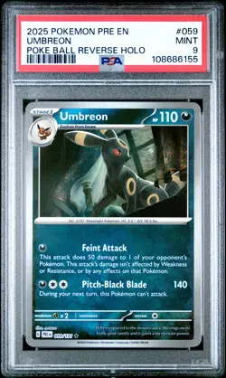 2025 POKEMON PRE EN-PRISMATIC EVOLUTIONS POKE BALL REVERSE HOLO UMBREON PSA 9 - Image 1