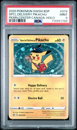 Special Delivery Pikachu Pokemon Center Canada Promo SWSH074 PSA 9 HUGE SWIRL - Image 4