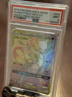 2019 Pokemon Unified Minds Mewtwo & Mew GX #242/236 PSA 9 - Rainbow Secret Rare - Image 1