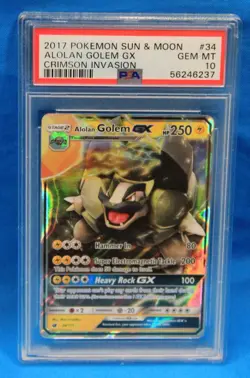 2017 POKEMON SUN & MOON # 34 ALOLAN GOLEM GX PSA 10 # 56246237 CRIMSON INVASION - Image 1