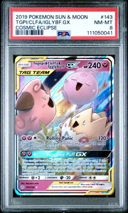 2019 POKEMON SUN & MOON COSMIC ECLIPSE #143 TOGEPI & CLEFFA & IGGLYBUFF GX PSA 8 - Image 1