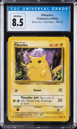 1999 POKEMON BASE SET UNLIMITED YELLOW CHEEKS #58 PIKACHU CGC 8.5 - Image 1
