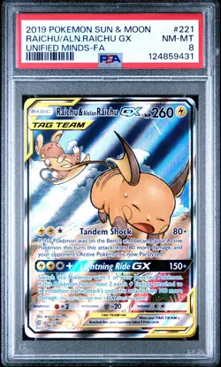 Pokemon TCG Raichu & Alolan Raichu GX 221/236 Alternate Full Art SM PSA 8 - Image 1