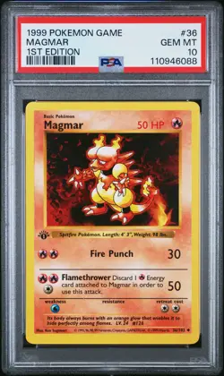1999 POKEMON BASE SET 1ST EDITION #36 MAGMAR PSA 10 - Image 1