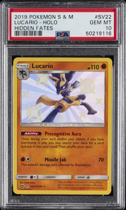 2019 POKEMON SUN & MOON HIDDEN FATES #SV22 LUCARIO-HOLO PSA 10 - Image 1