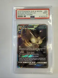 2018 POKEMON SUN & MOON ALOLAN RATICATE GX CELESTIAL STORM PSA MINT 9 #85 - Image 1