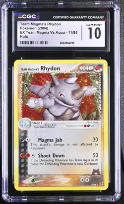 CGC 10 GEM MINT Team Magma's Rhydon EX Team Magma Vs Aqua 11/95 Holo Pokemon - Image 1