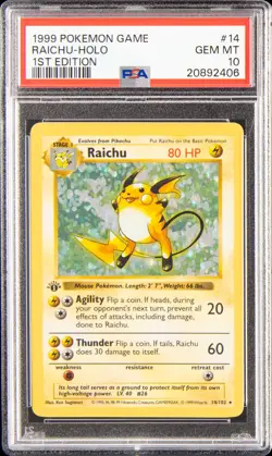 1999 POKEMON BASE SET 1ST EDITION #14 RAICHU-HOLO PSA 10 - Image 1
