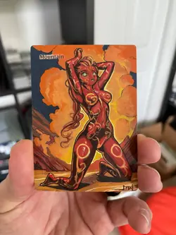 Magic MTG Altered Painted Mountain Volcano Lava Anime Girl by white_alters - Image 3