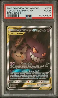 2019 Pokemon Sun & Moon Gengar & Mimikyu GX Team Up Full Art PSA 2 - Image 1