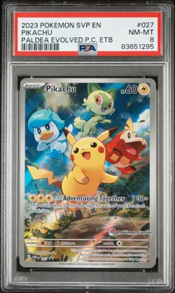 2023 POKEMON PALDEA EVOLVED POKEMON CENTER ETB PROMO SVP #027 PIKACHU PSA 8 - Image 1