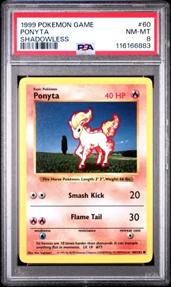 1999 POKEMON BASE SET SHADOWLESS #60 PONYTA PSA 8 - Image 1