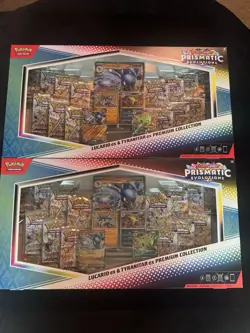 2 x Pokemon Prismatic Evolutions Lucario EX and Tyranitar EX Premium Collection - Image 1