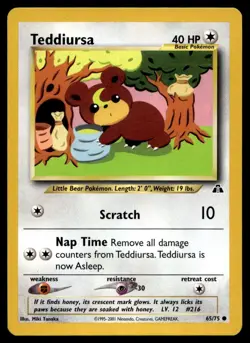 Teddiursa 65/75 Pokemon Card Neo Discovery Common 40 HP Near Mint G8 - Image 1