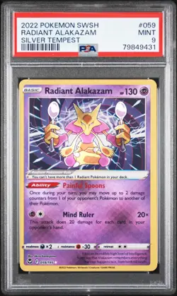 2022 POKEMON SWORD & SHIELD SILVER TEMPEST #059 RADIANT ALAKAZAM PSA 9 - Image 1