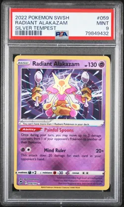 2022 POKEMON SWORD & SHIELD SILVER TEMPEST #059 RADIANT ALAKAZAM PSA 9 - Image 1