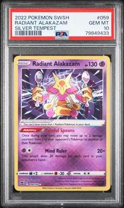 2022 POKEMON SWORD & SHIELD SILVER TEMPEST #059 RADIANT ALAKAZAM PSA 10 - Image 1