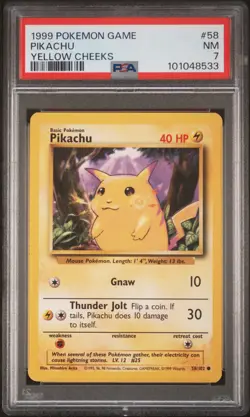 1999 POKEMON BASE SET UNLIMITED YELLOW CHEEKS #58 PIKACHU PSA 7 - Image 1
