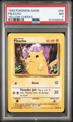 1999 POKEMON BASE SET UNLIMITED YELLOW CHEEKS #58 PIKACHU PSA 7 - Image 1
