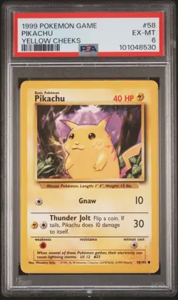 1999 POKEMON BASE SET UNLIMITED YELLOW CHEEKS #58 PIKACHU PSA 6 - Image 1