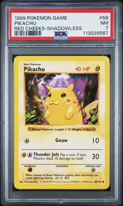 1999 Pokemon Base Set Shadowless Pikachu Red Cheeks #58 PIKACHU PSA 7 Fresh Slab - Image 1