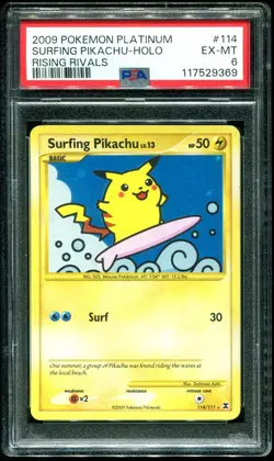 PSA 6 Surfing Pikachu Secret Rare Holo Platinum Rising Rivals 2009 Pokemon #114 - Image 1