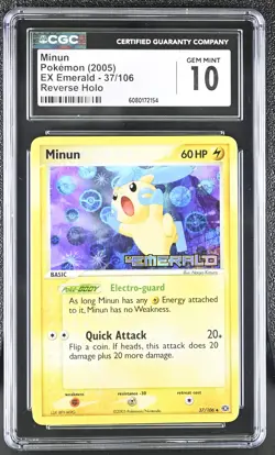 CGC 10 GEM MINT Minun 2005 EX Emerald 37/106 Reverse Holo Stamped Pokemon Card - Image 1