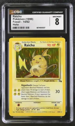 CGC 8 Raichu 1999 Fossil 14/62 Holo Pokemon Card - Image 1