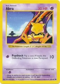 Pokemon TCG - Abra - 43/102 - Shadowless - Common - Base Set [Moderately Played] - Image 1
