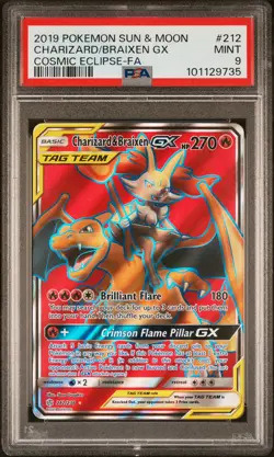 2019 POKEMON SUN & MOON COSMIC ECLIPSE FULL ART/CHARIZARD & BRAIXEN GX PSA 9 - Image 1