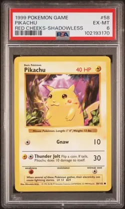 1999 POKEMON BASE SET SHADOWLESS RED CHEEKS-#58 PIKACHU PSA 6 - Image 1