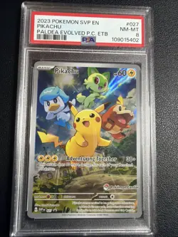 2023 POKEMON PALDEA EVOLVED POKEMON CENTER ETB PROMO #027 PIKACHU PSA 8 - Image 1