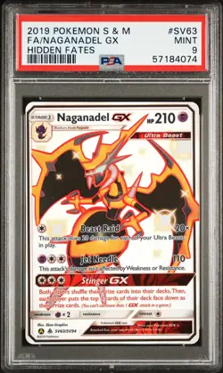 2019 POKEMON SUN & MOON HIDDEN FATES #SV63 FULL ART/NAGANADEL GX PSA 9 - Image 1