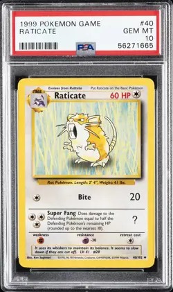 1999 POKEMON GAME #40 RATICATE PSA 10 - Image 1
