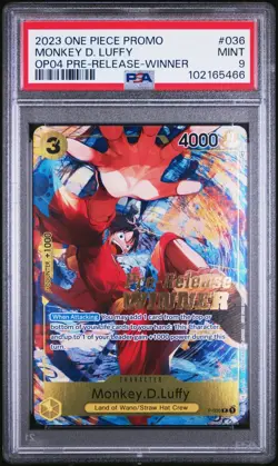 PSA 9 Monkey D Luffy P-036 Pre-Release Winner Promo English One Piece Card - Image 1