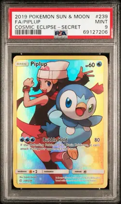 2019 POKEMON SUN & MOON COSMIC ECLIPSE SECRET #239 FULL ART/PIPLUP PSA 9 - Image 1