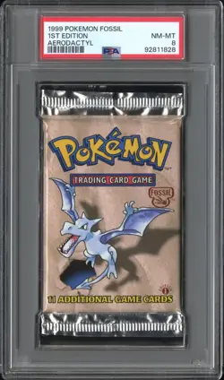 1999 POKEMON FOSSIL 1ST EDITION AERODACTYL ART SEALED BOOSTER PACK PSA 8 - Image 1