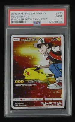 PSA 9 Pokemon Card Red's Pikachu 270/SM-P Holo Japanese 20th Anniversary Promo - Image 1