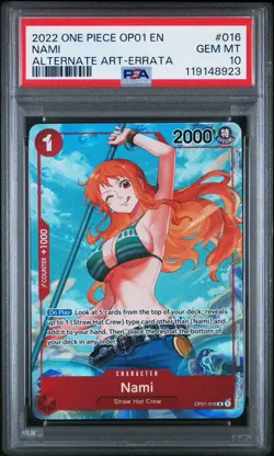 PSA 10 GEM MT Nami OP01-016 Romance Dawn ALT ART Errata Foil One Piece Card Game - Image 1