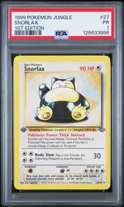 PSA 1 1ST EDITION 1999 Pokemon Jungle Snorlax 27/64 Non-Holo Rare WOTC - Image 1