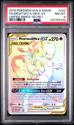 2019 POKEMON SUN & MOON UNIFIED MINDS SECRET #242 FULL ART/MEWTWO & MEW GX PSA 8 - Image 1