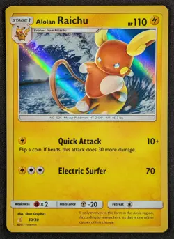 Alolan Raichu 2017 S&M Trainer Kit Holo Rare Pokemon Card 30/30 (NM) - Image 1