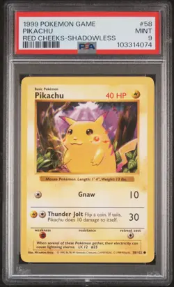 PSA 9 Pikachu 58/102 Red Cheeks Shadowless Base Set 1999 Pokemon Card - Image 1