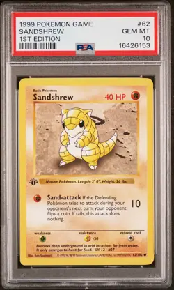 1999 POKEMON BASE SET 1ST EDITION #62 SANDSHREW PSA 10 - Image 1