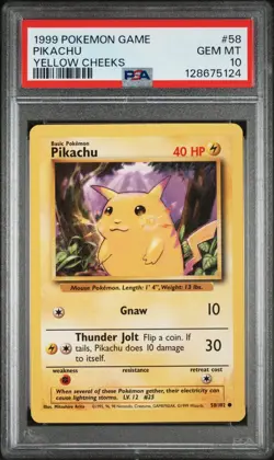 1999 POKEMON GAME BASE SET #58 PIKACHU YELLOW CHEEKS PSA 10 GEM MINT - Image 1