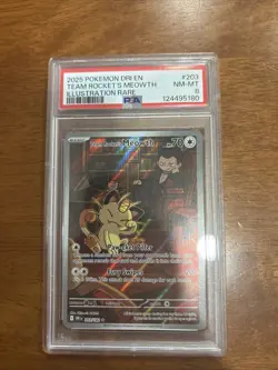 Pokemon TCG Destined Rivals Team Rockets Meowth Illustration Rare PSA 8 - Image 1