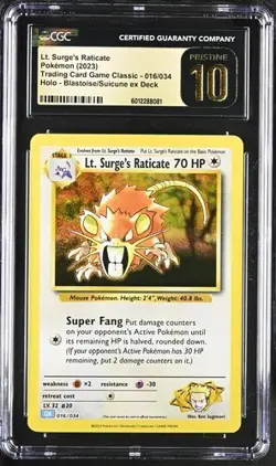 CGC 10 Pristine Lt. Surge's Raticate 016/034 TCG Classic Blastoise Deck Pokemon - Image 1