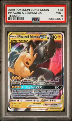 2019 POKEMON SUN & MOON TEAM UP #33 PIKACHU & ZEKROM GX PSA 9 - Image 1