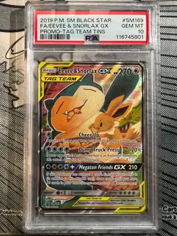 PSA 10 Pokemon Card Eevee & Snorlax GX Sun & Moon Team Up Promo SM169 Graded - Image 1